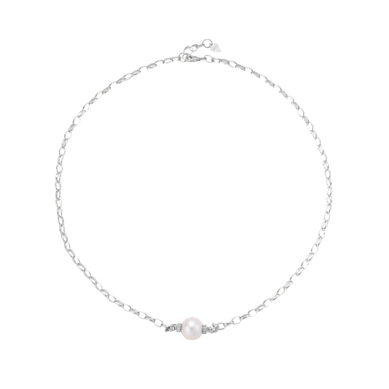 Dainty rhodium-plated silver chain necklace with centered 10mm freshwater pearl and crystal accents on cream background