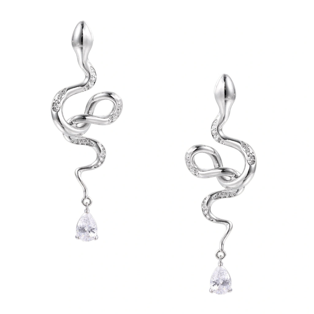 Silver snake-shaped drop earrings with crystal accents and teardrop stone dangles on cream background.