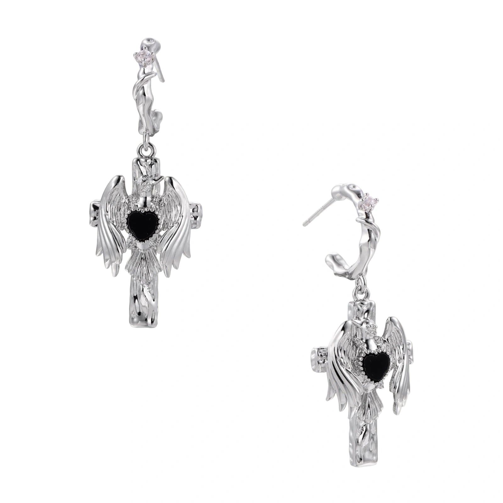 Silver-toned drop earrings with angel wings framing a black heart-shaped stone, white gold plated brass with S925 posts