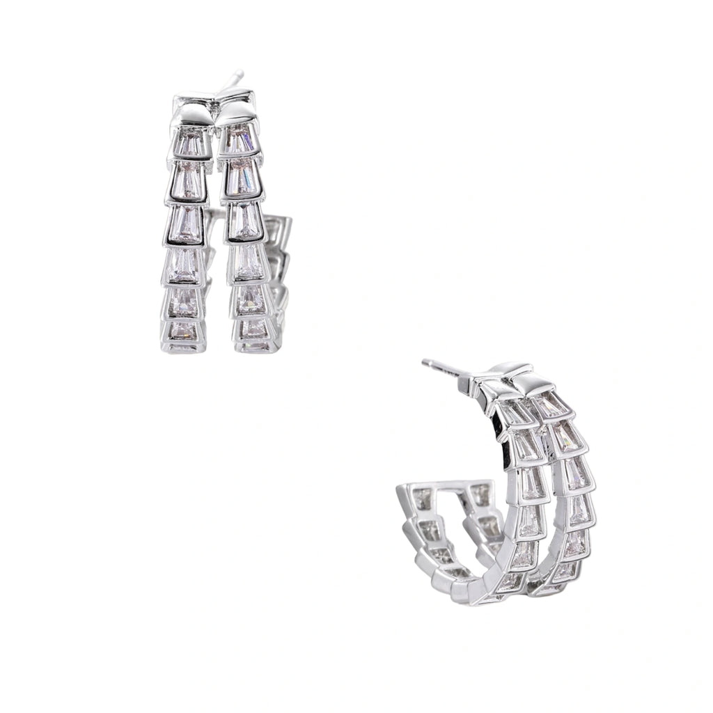 White gold-plated hoop earrings with double row of baguette-cut zirconia stones in geometric ladder design