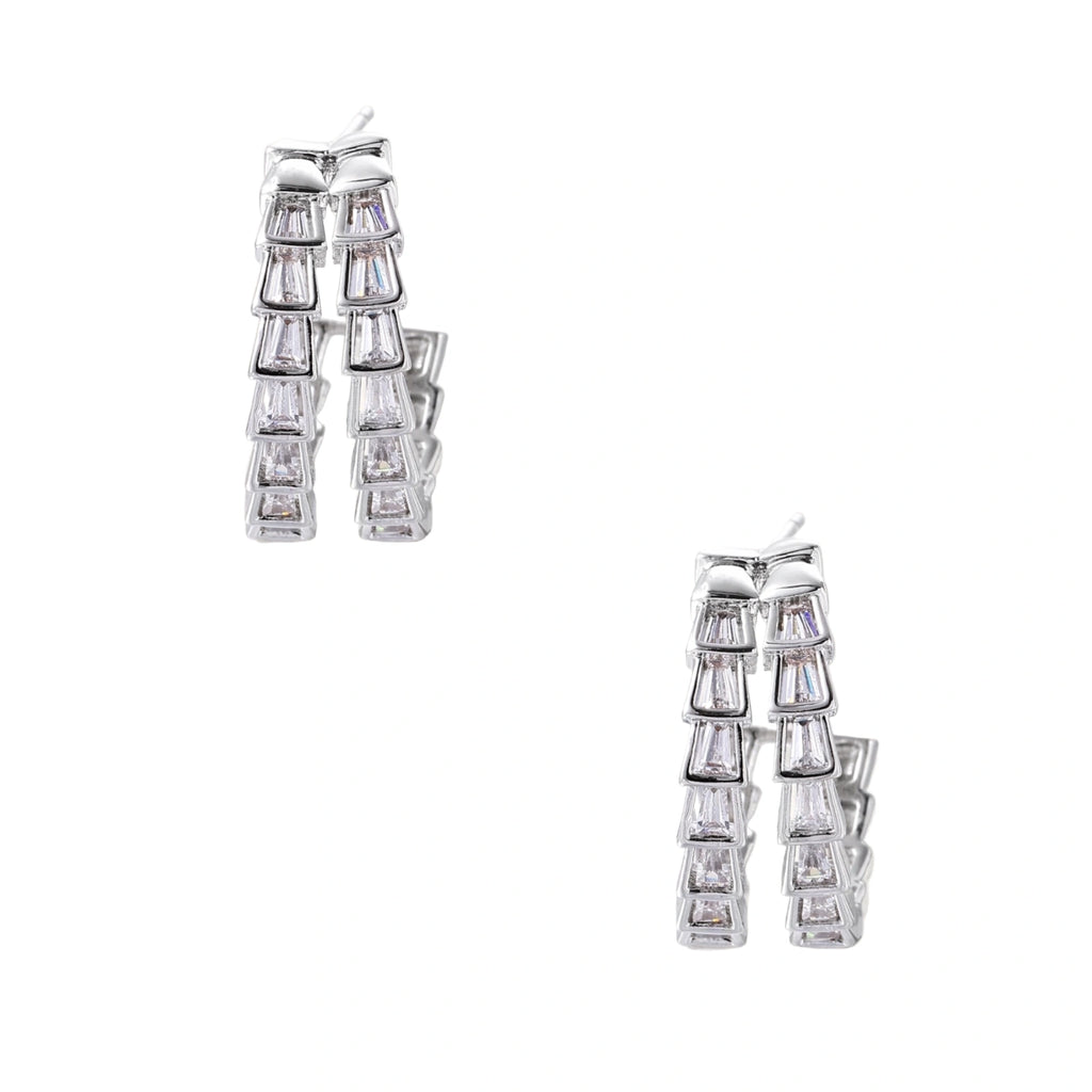 White gold-plated hoop earrings with double row of baguette-cut zirconia stones in geometric ladder design
