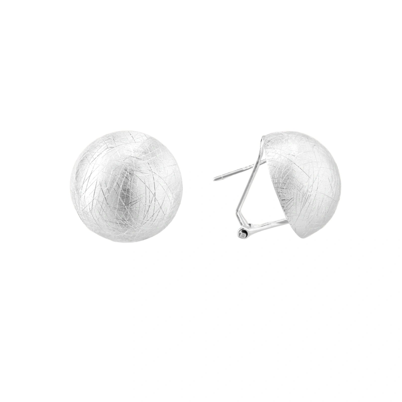 Brushed sterling silver half-dome clip-on earrings with textured surface against cream background