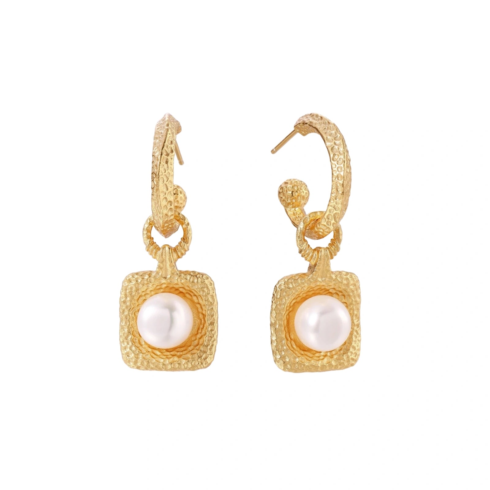 Pair of gold vermeil hoop earrings with textured square frames holding freshwater pearls on cream background