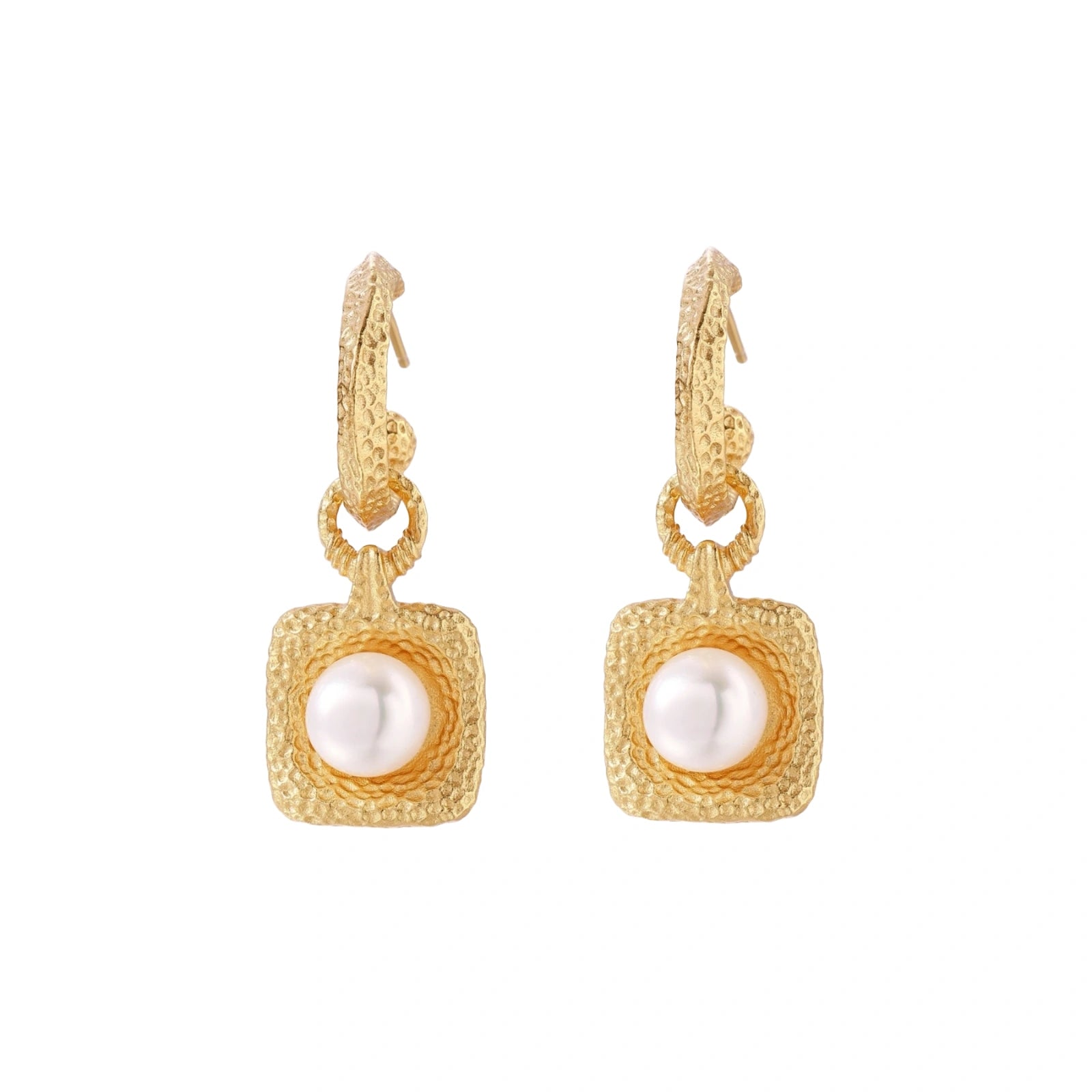 Pair of gold vermeil hoop earrings with textured square frames holding freshwater pearls on cream background