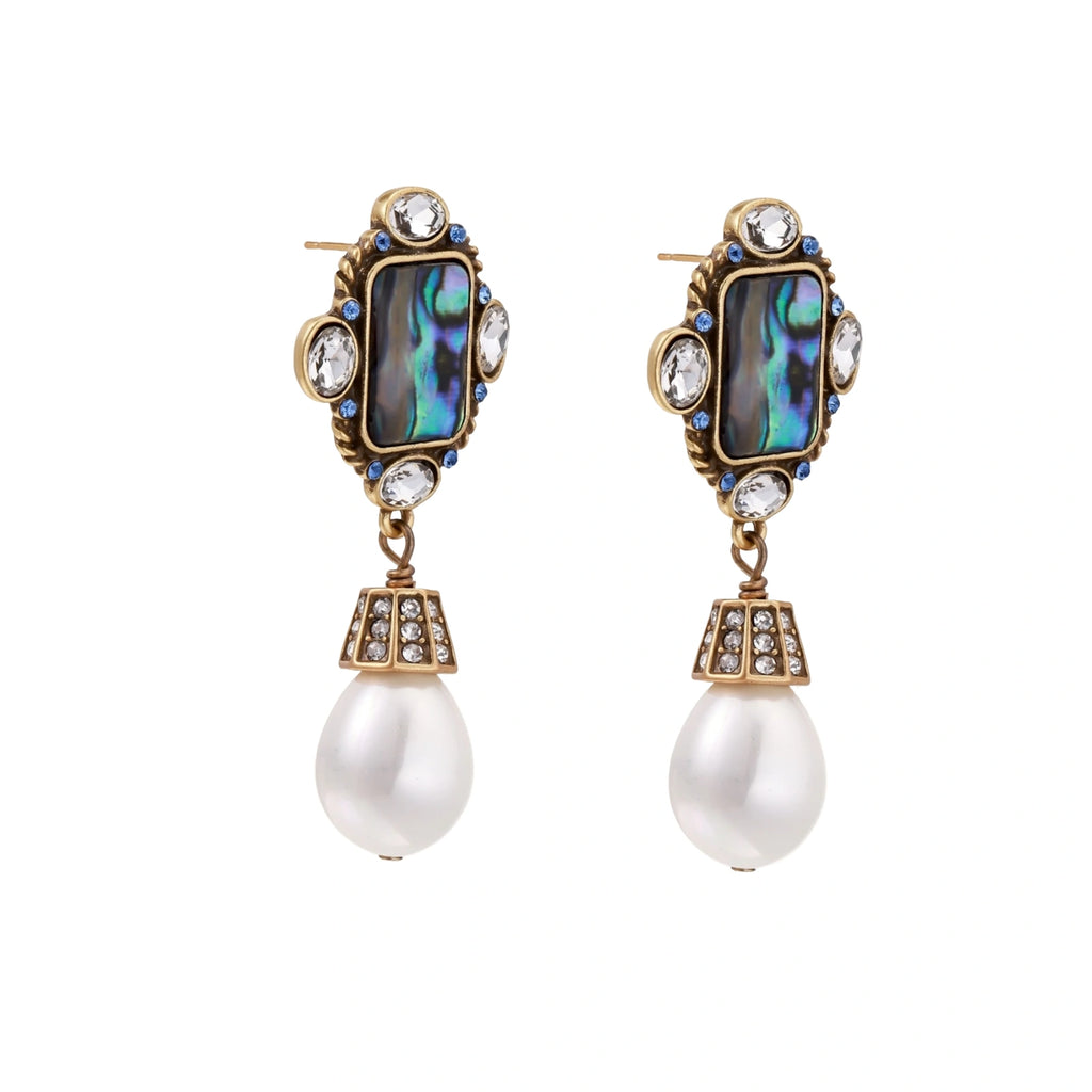Ornate gold-plated drop earrings with rectangular abalone shell centers, crystal accents, and baroque pearl drops