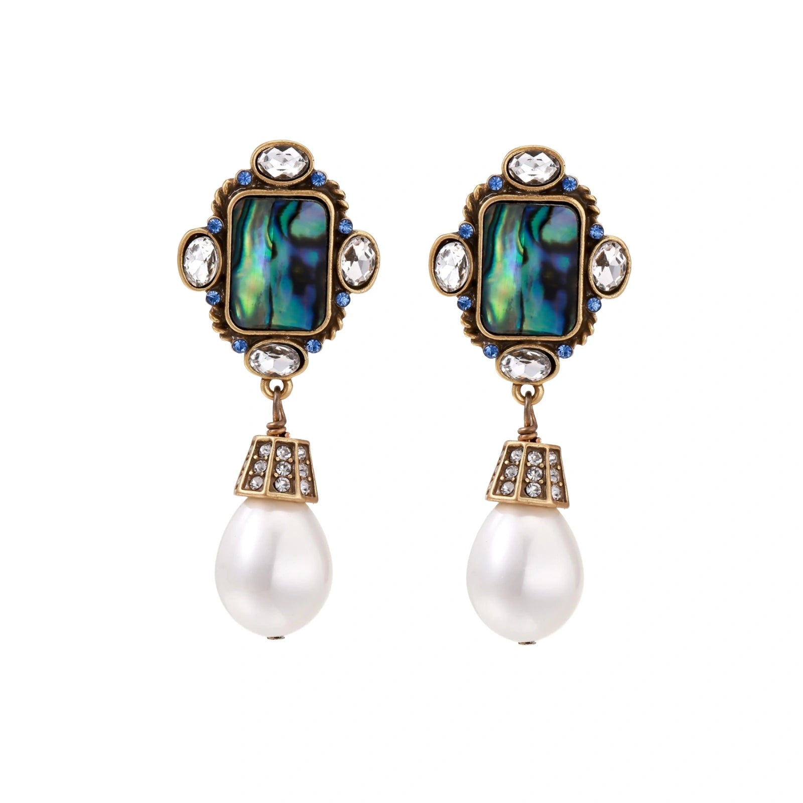 Ornate gold-plated drop earrings with rectangular abalone shell centers, crystal accents, and baroque pearl drops