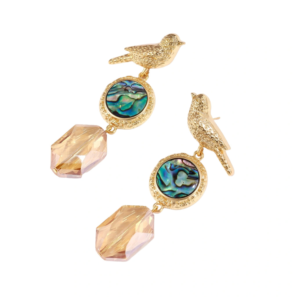 Gold-plated bird stud earrings with iridescent abalone shell medallions and champagne crystal drops on cream background