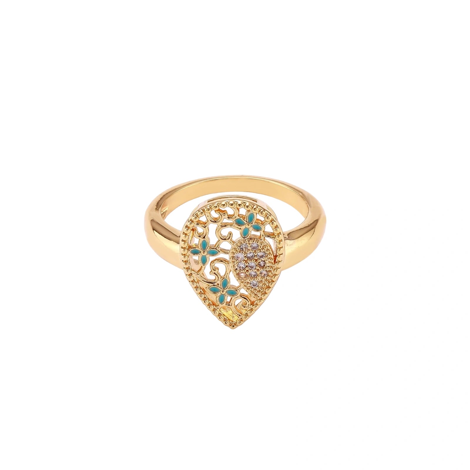 Teardrop-shaped gold-plated ring with turquoise enamel flowers and crystal pavé detail on cream background