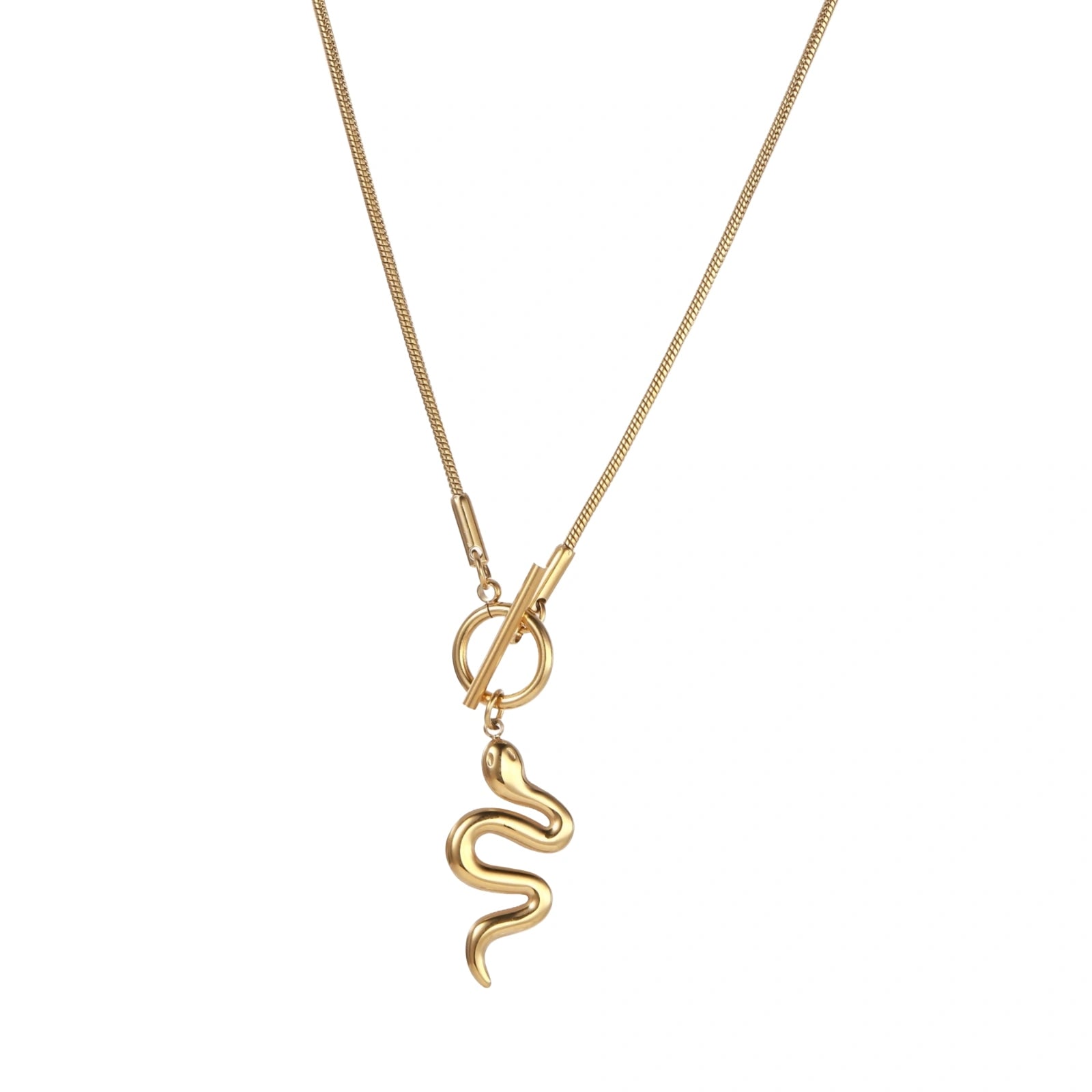 Sculptural gold snake pendant on delicate chain with toggle clasp, featuring smooth curves and polished 14K gold plated finish