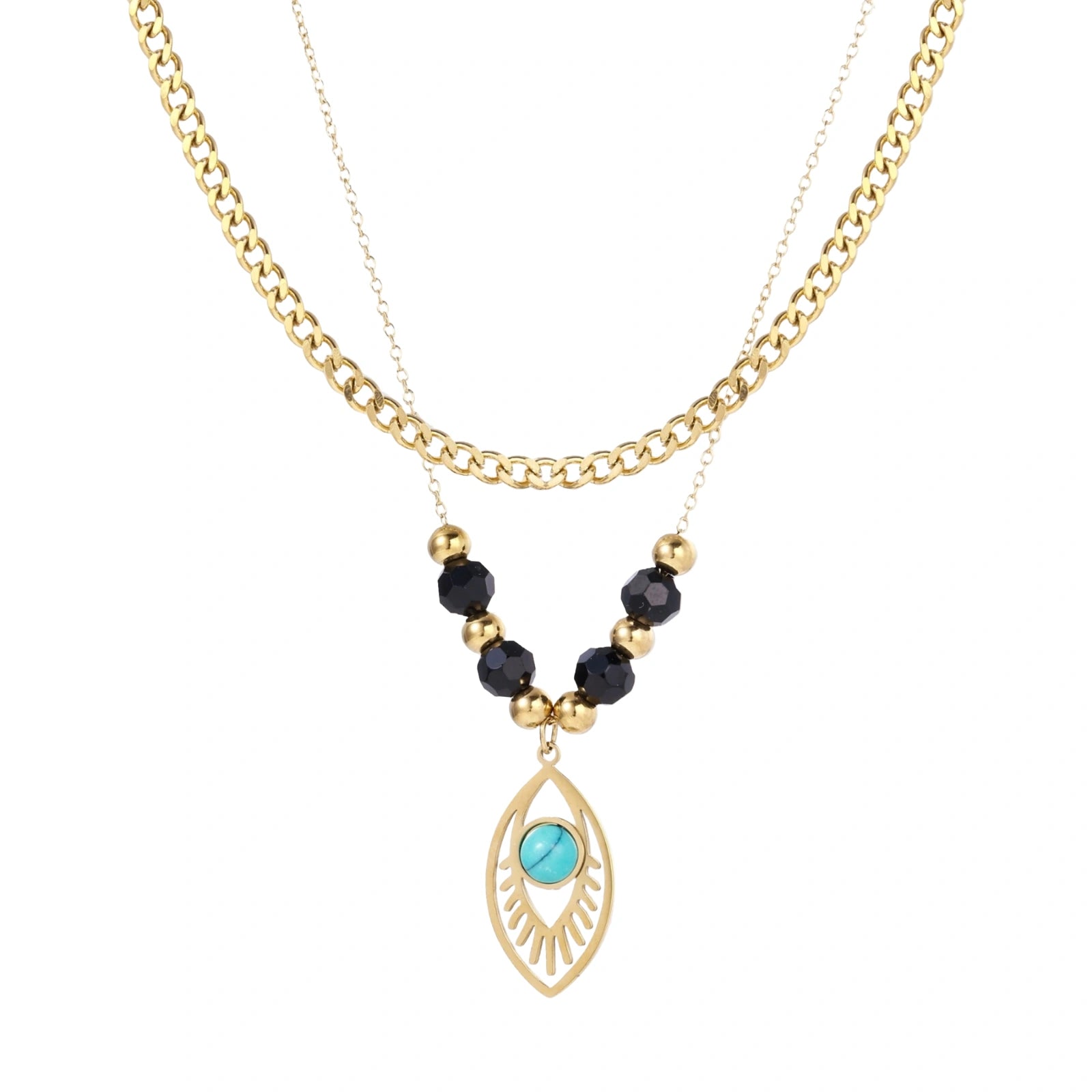 Layered gold necklace with turquoise evil eye pendant and black quartz beads on cream background