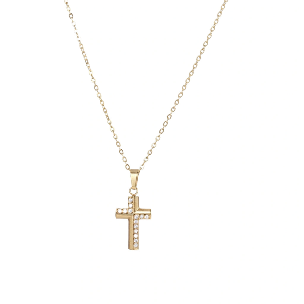 Gold-plated stainless steel cross necklace with crystal embellishments on adjustable chain against light background.