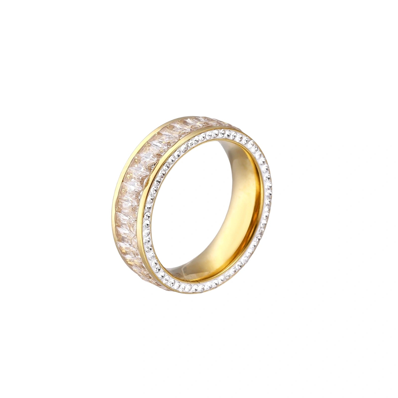 14K gold-plated ring with dual rows of clear baguette and round zirconia stones on cream background.