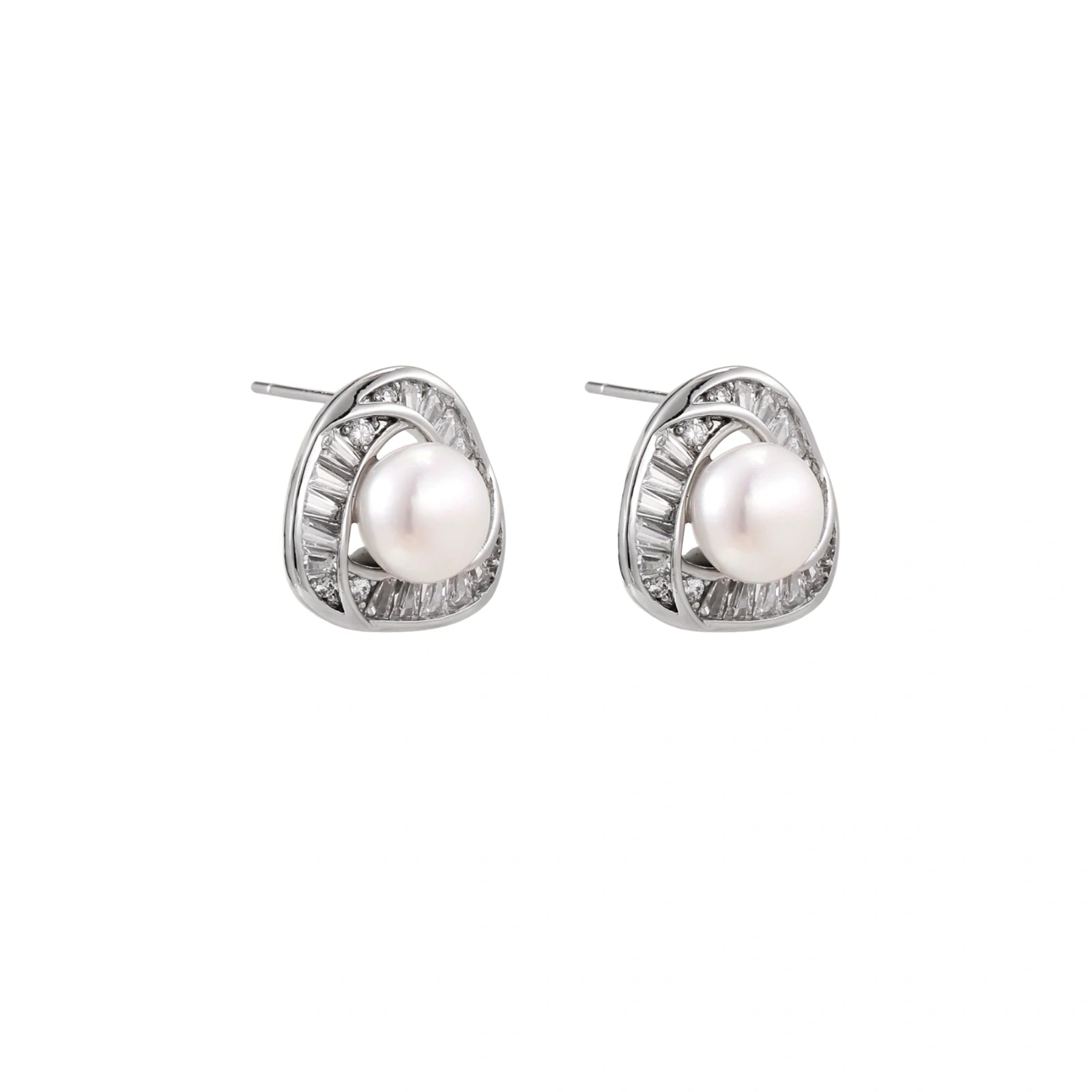 Triangular white gold plated stud earrings with central freshwater pearl and baguette-cut stones on white background