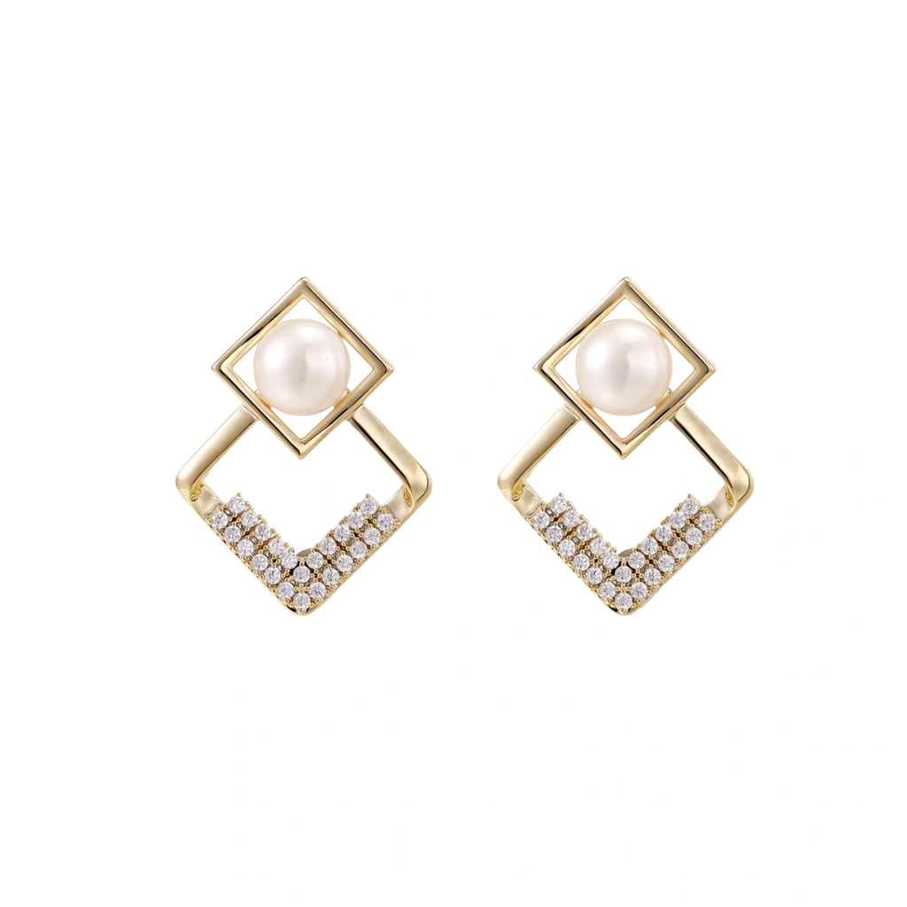 Gold-plated double square frame earrings with freshwater pearl and crystal accents on white background