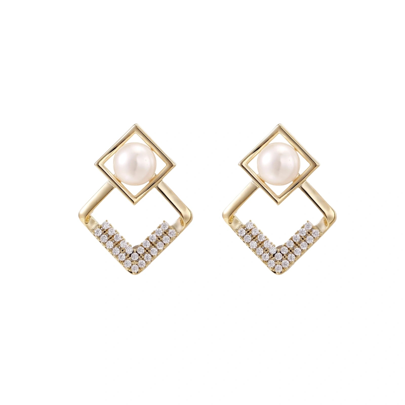 Gold-plated double square frame earrings with freshwater pearl and crystal accents on white background