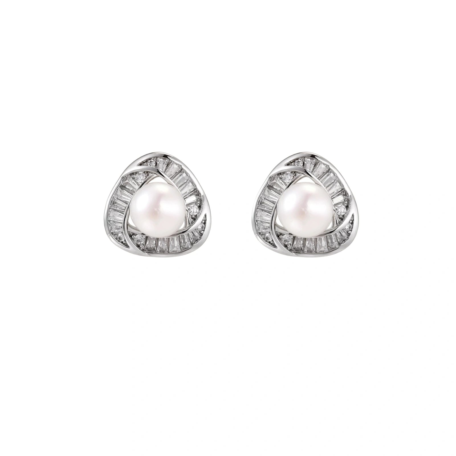 Triangular white gold plated stud earrings with central freshwater pearl and baguette-cut stones on white background