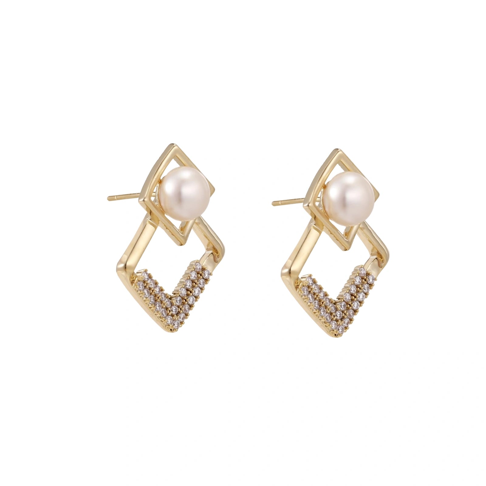 Gold-plated double square frame earrings with freshwater pearl and crystal accents on white background