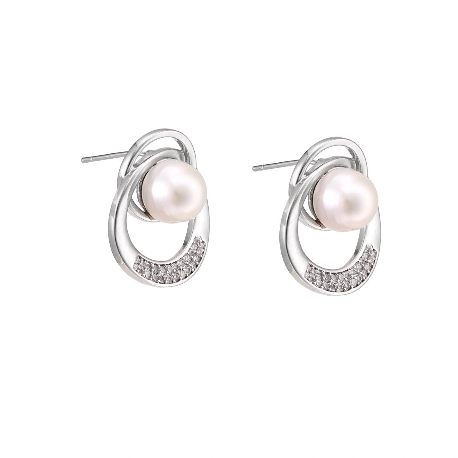 White gold-plated brass earrings with circular design, freshwater pearl center, and diamond accents