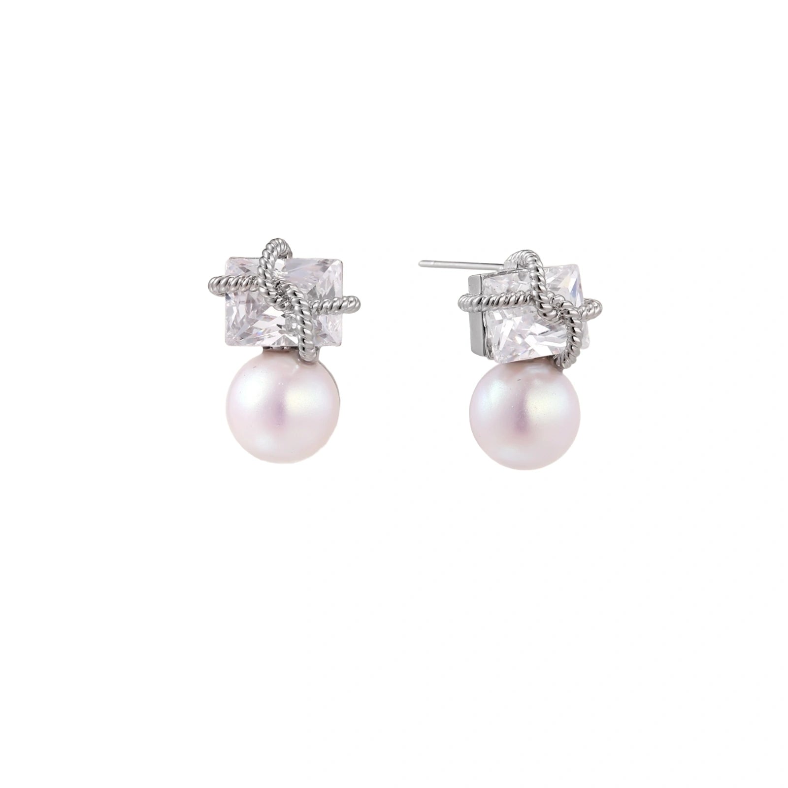 White gold stud earrings with square crystal stones in twisted frames and pink freshwater pearl drops below
