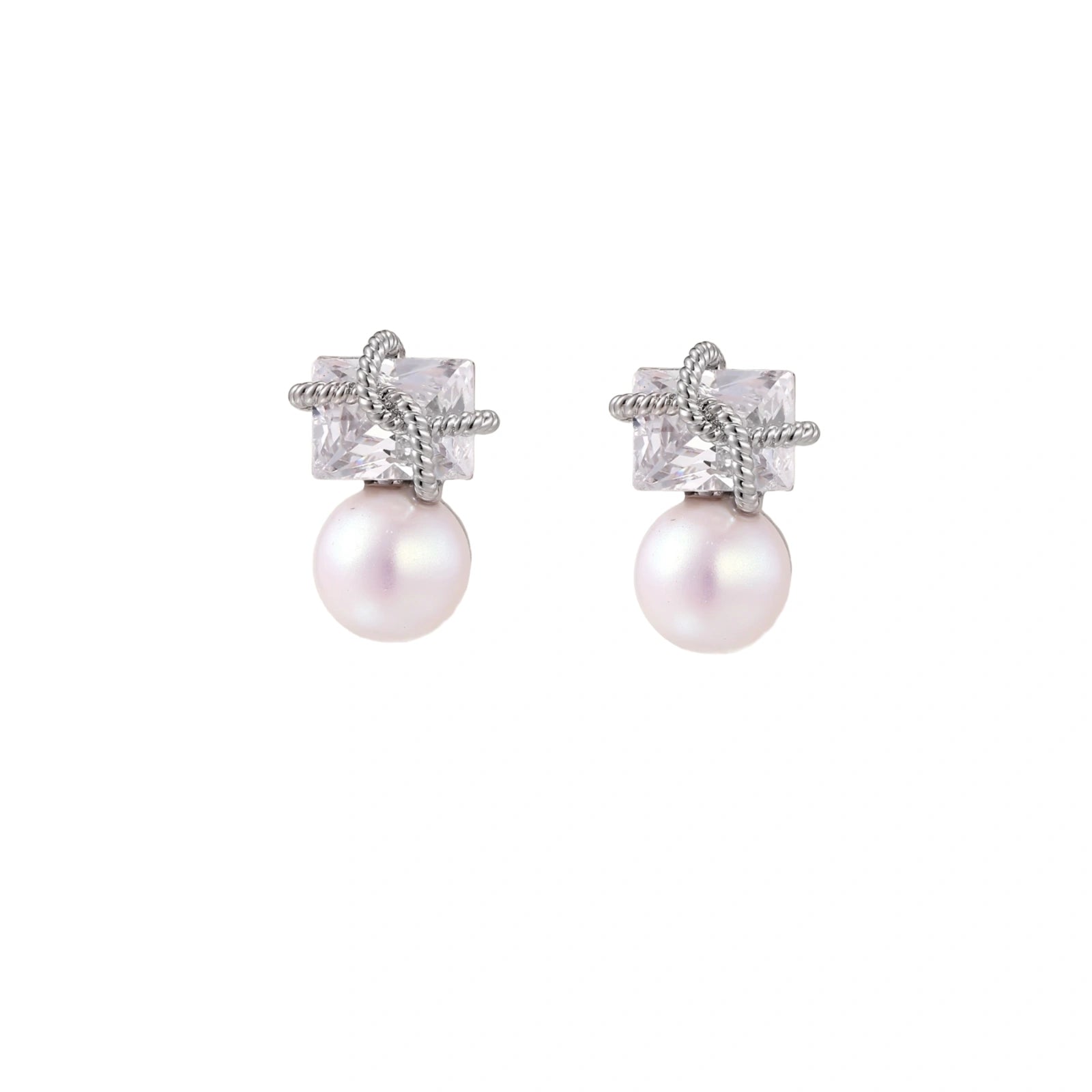 White gold stud earrings with square crystal stones in twisted frames and pink freshwater pearl drops below