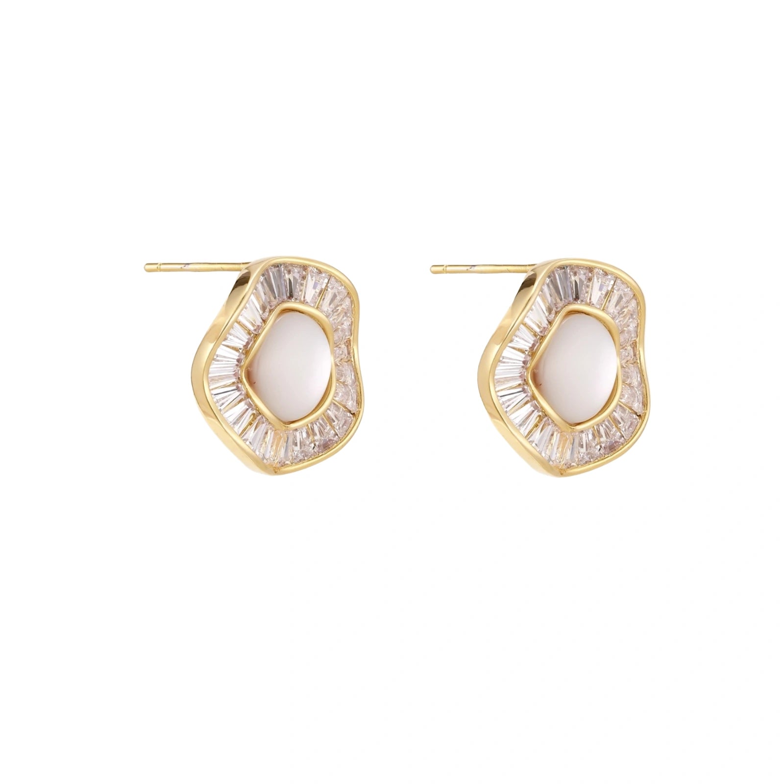 14K gold-plated stud earrings with freshwater pearl center surrounded by baguette-cut crystal halo in sunburst design