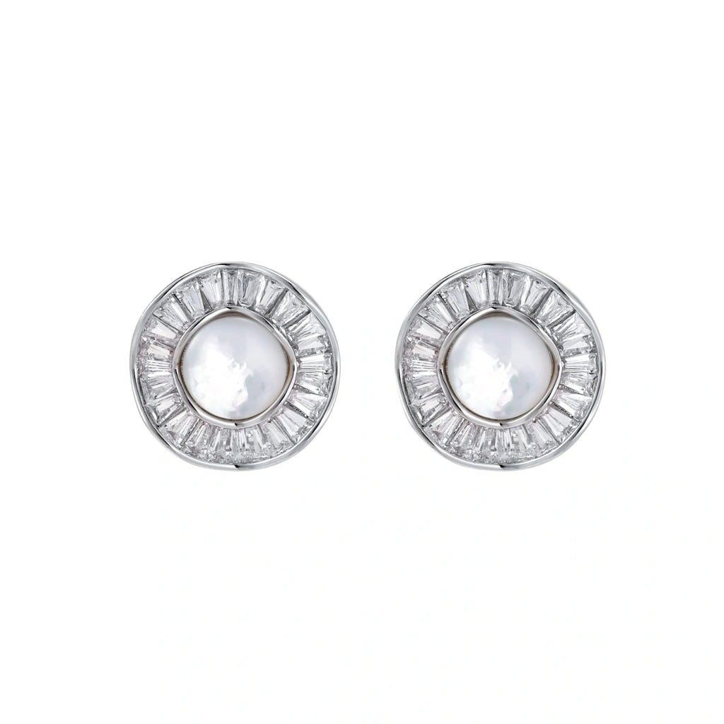 14K gold-plated stud earrings with freshwater pearl center surrounded by baguette-cut crystal halo in sunburst design