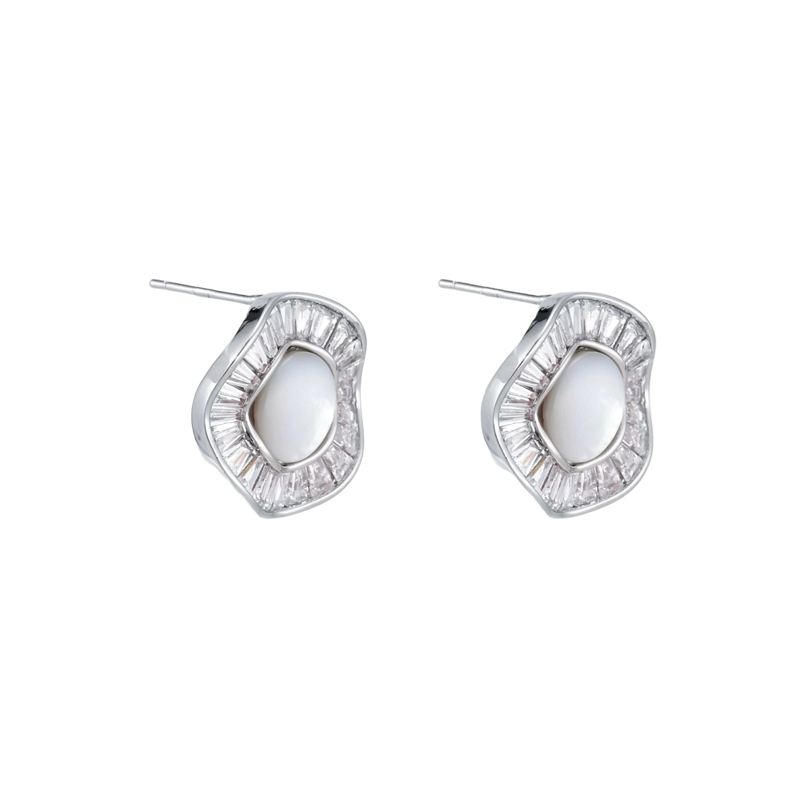 14K gold-plated stud earrings with freshwater pearl center surrounded by baguette-cut crystal halo in sunburst design