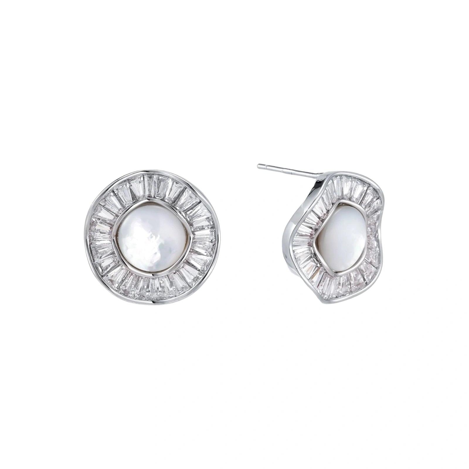14K gold-plated stud earrings with freshwater pearl center surrounded by baguette-cut crystal halo in sunburst design