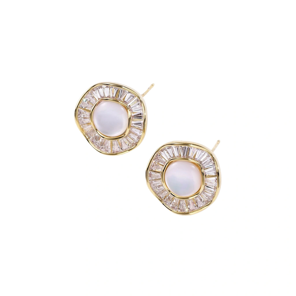 14K gold-plated stud earrings with freshwater pearl center surrounded by baguette-cut crystal halo in sunburst design