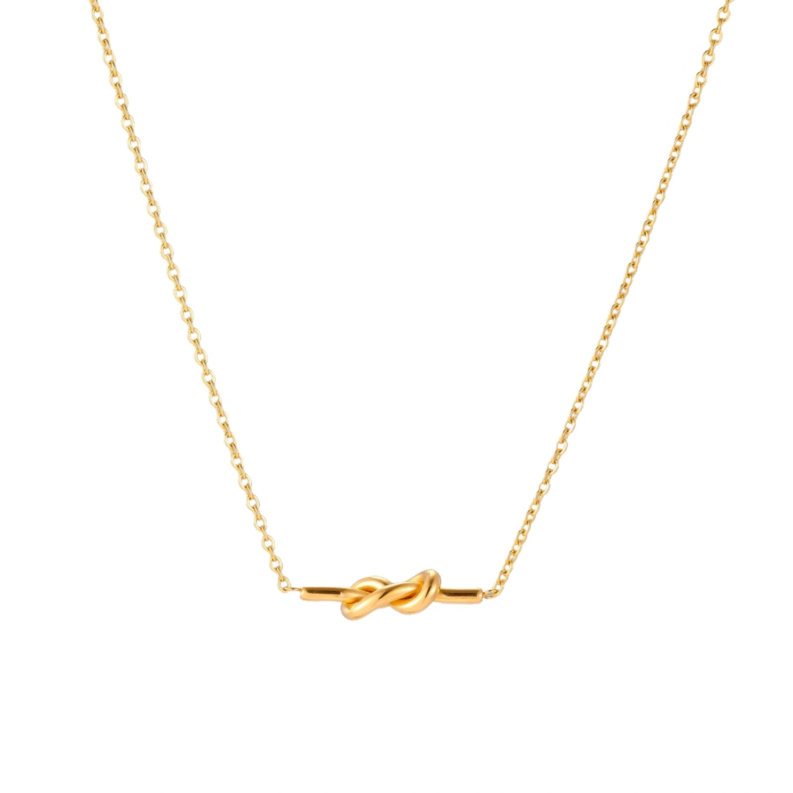 Dainty 18K gold plated necklace with infinity knot pendant on delicate chain against white background