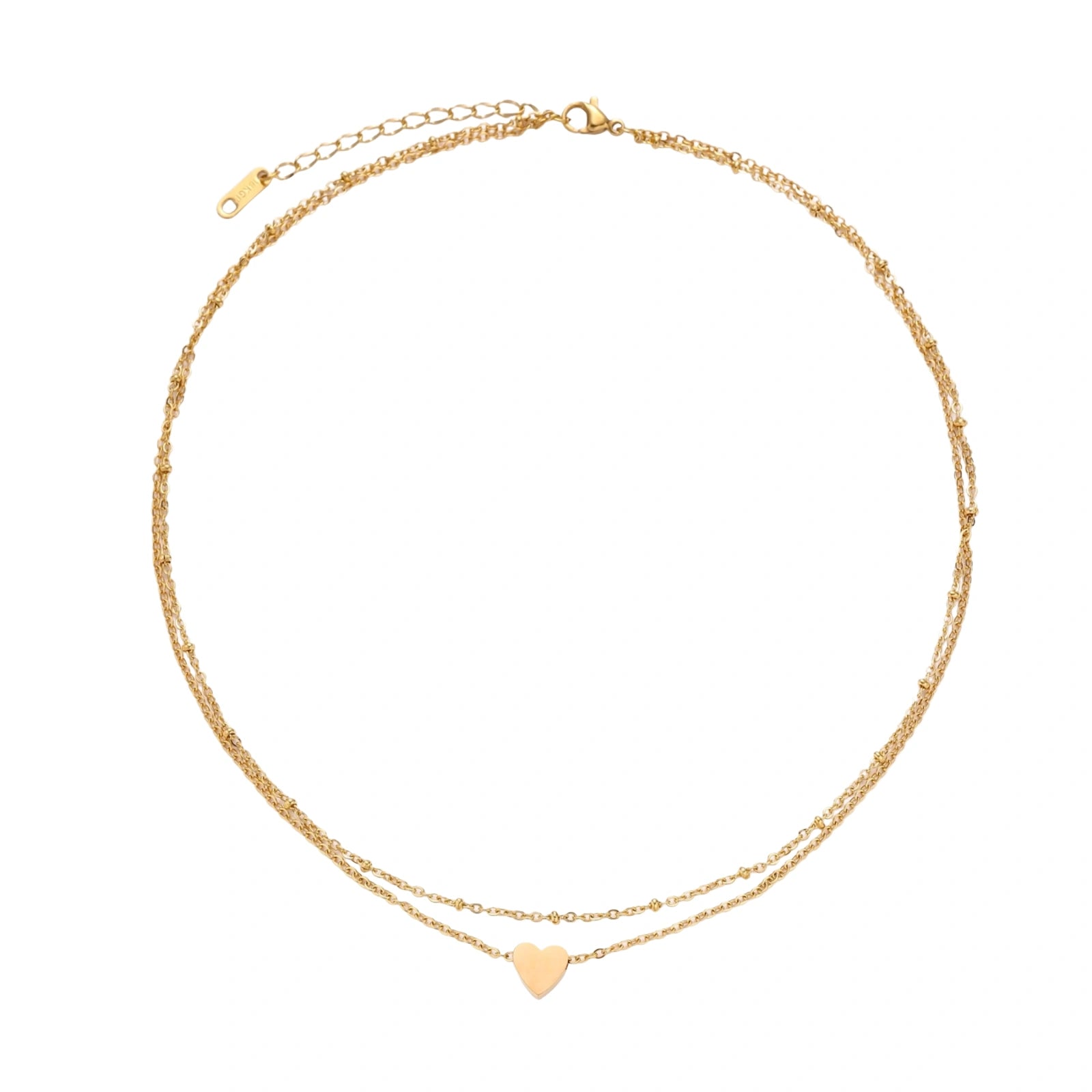 Delicate double-chain gold necklace with tiny heart pendant on cream background