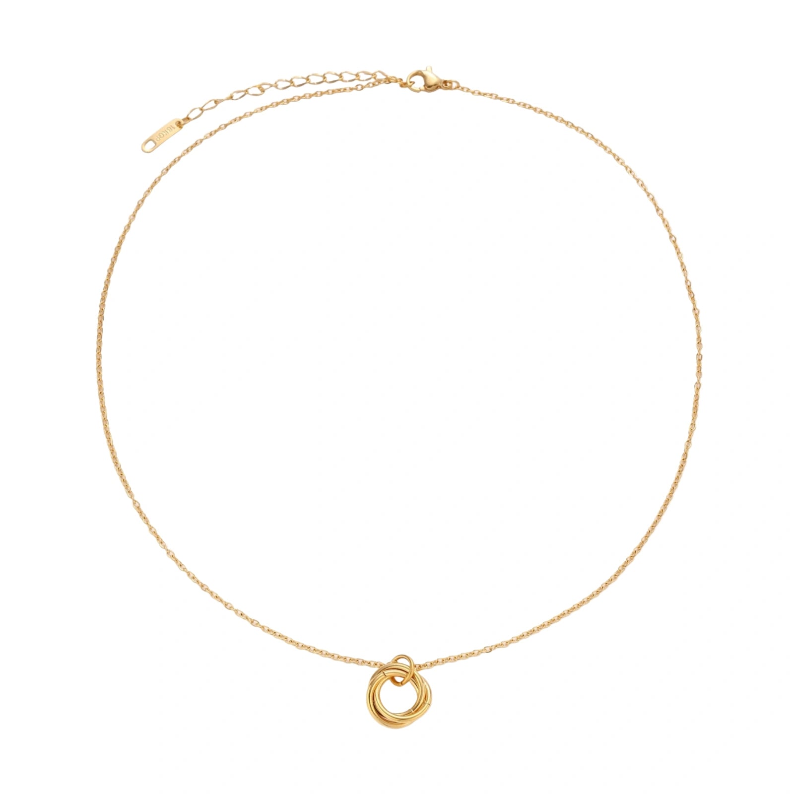 Delicate gold-plated necklace with three interlocking circle rings forming a minimalist knot pendant on cream background