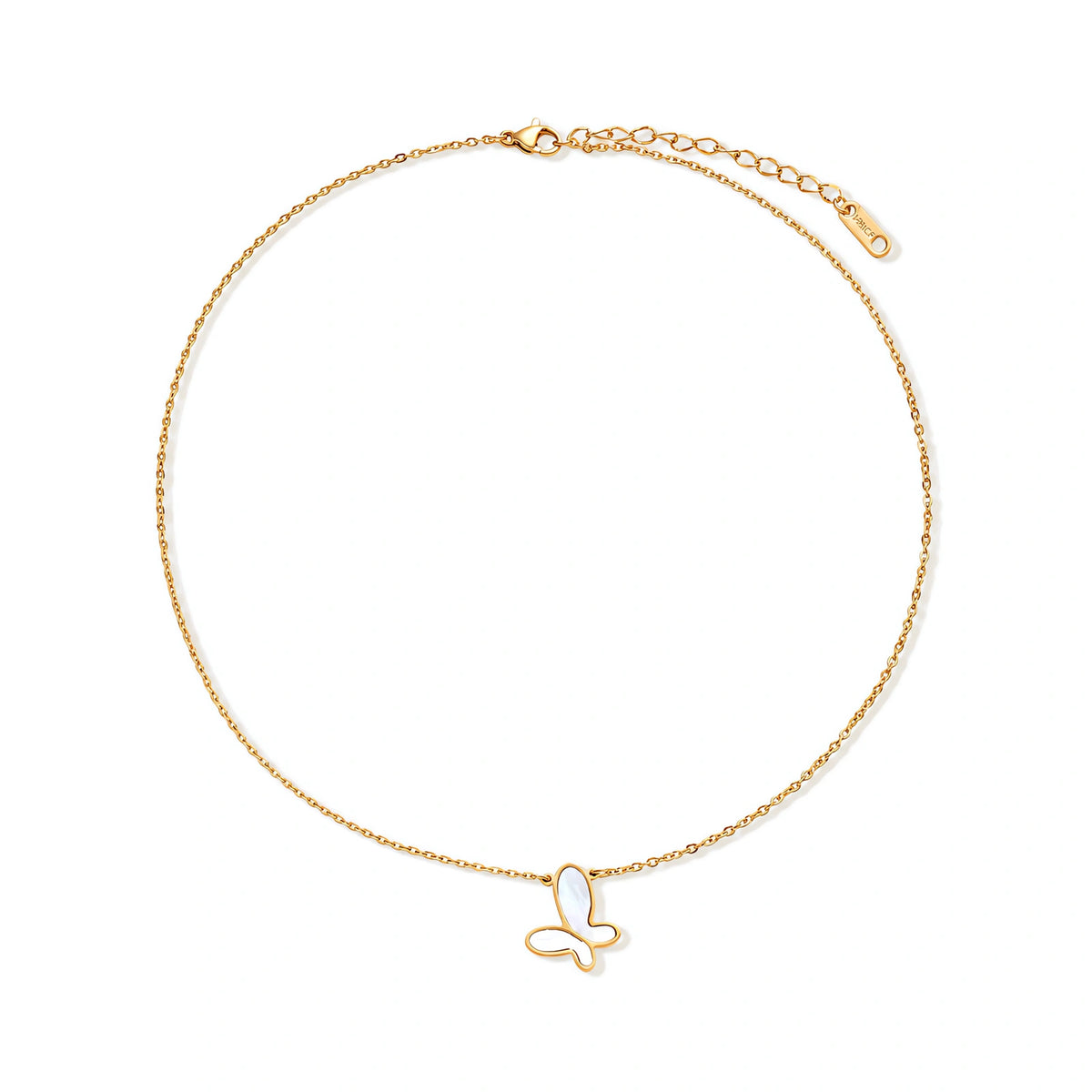 Gold-plated butterfly pendant with iridescent mother of pearl inlay on delicate chain against cream background.