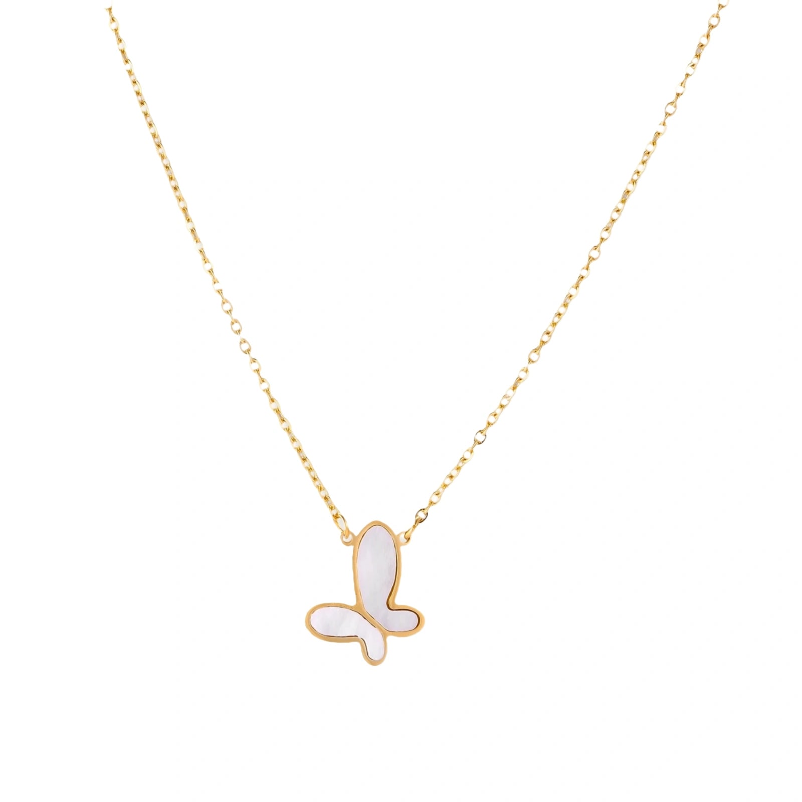 Gold-plated butterfly pendant with iridescent mother of pearl inlay on delicate chain against cream background.