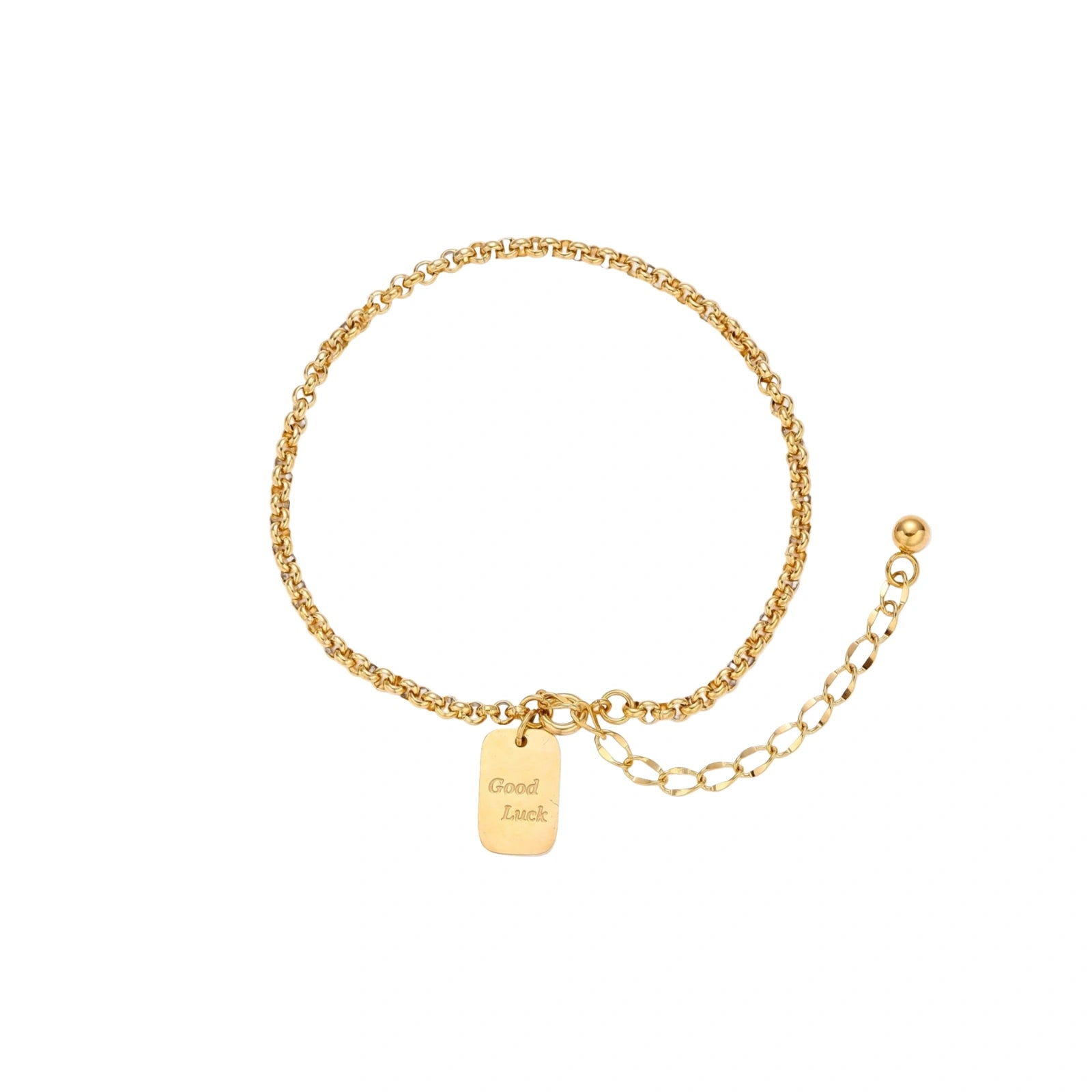 Delicate 18K gold-plated chain bracelet with Good Luck engraved rectangular pendant on cream background