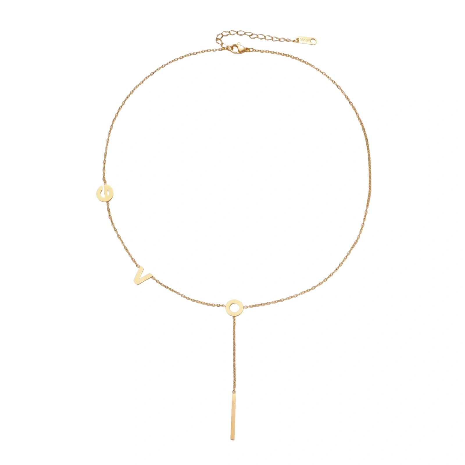 Gold Y-shaped necklace with L-O-V-E letter charms and vertical bar pendant on delicate chain against cream background