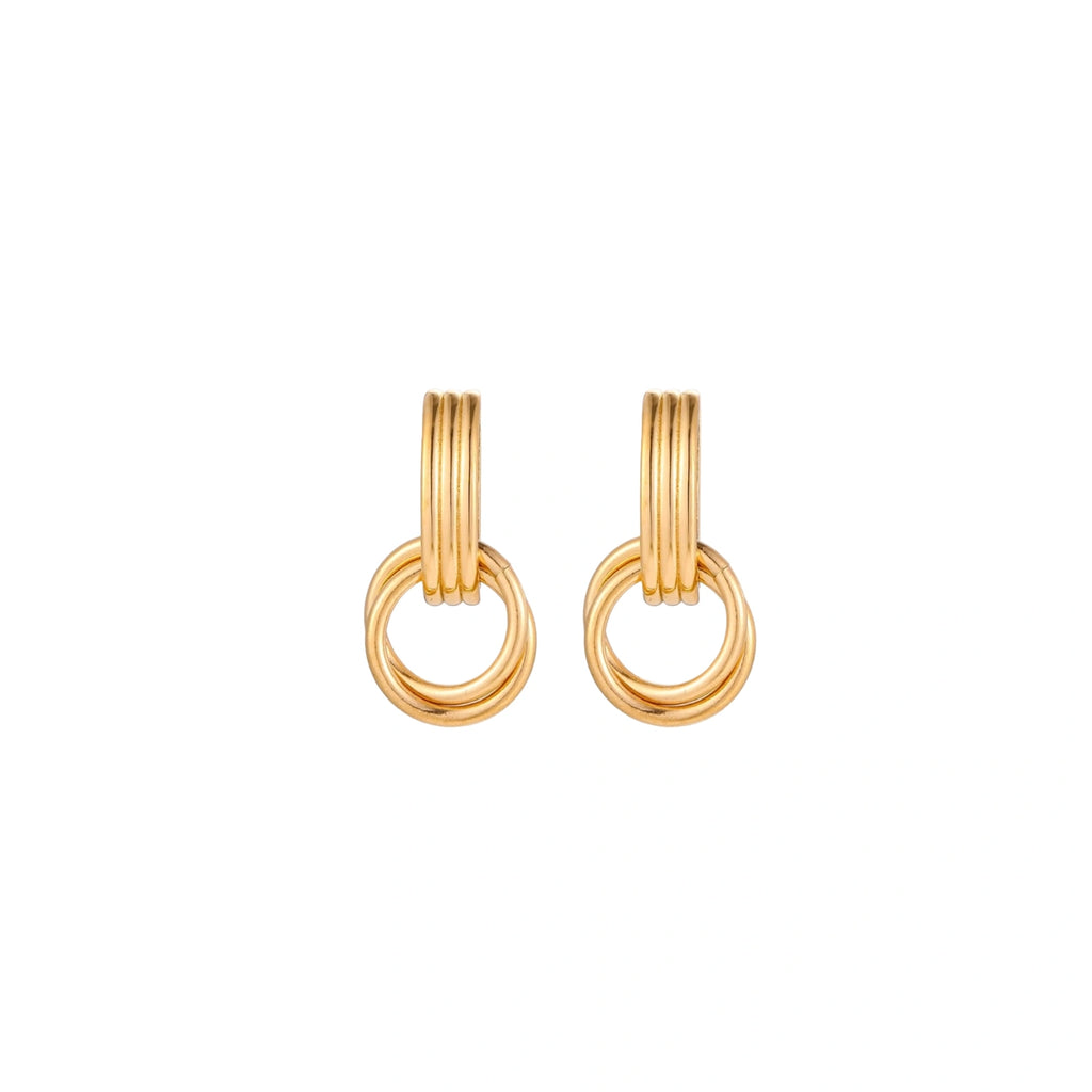Gold stud earrings with vertical ridged bar connecting to triple interlocking circular rings on white background