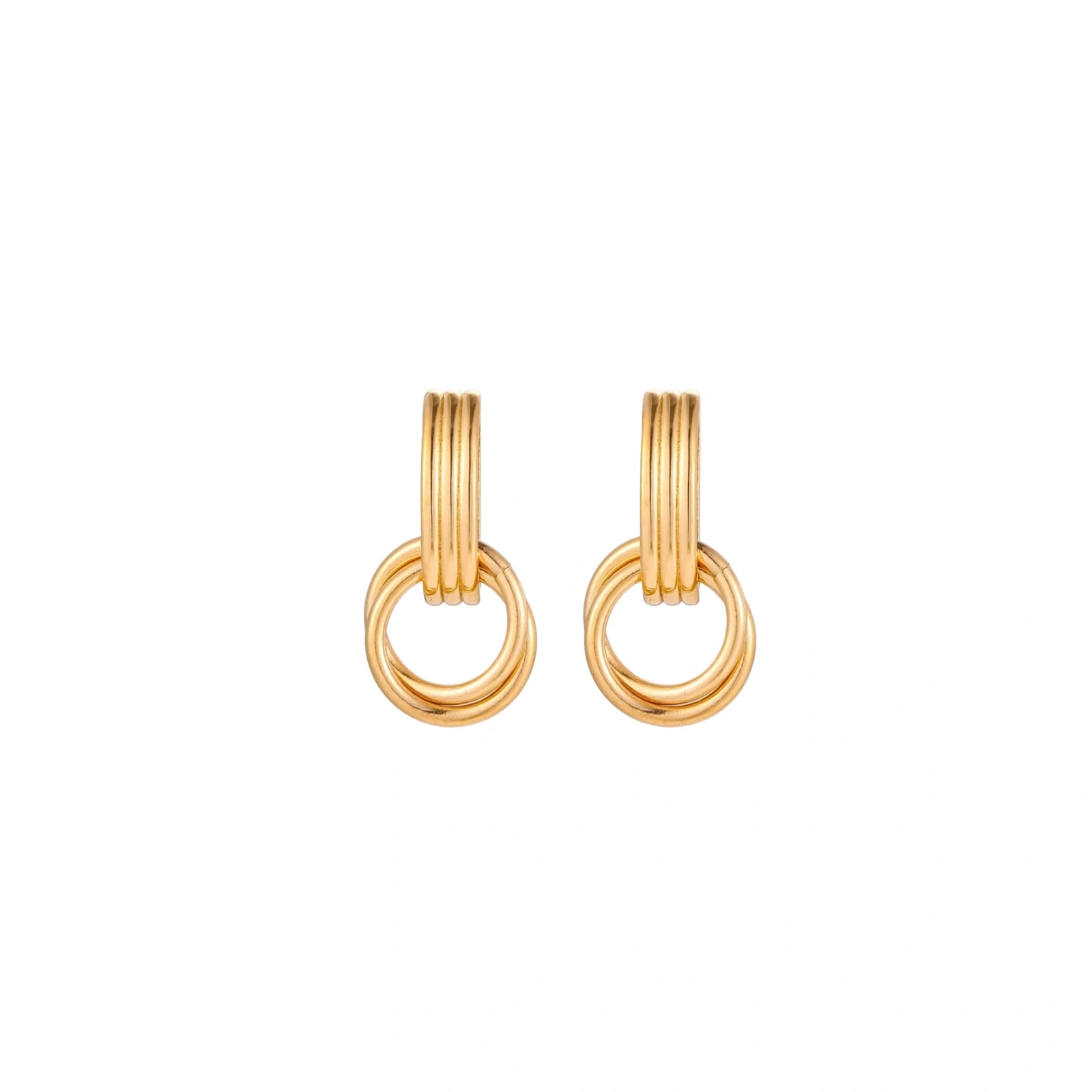 Gold stud earrings with vertical ridged bar connecting to triple interlocking circular rings on white background