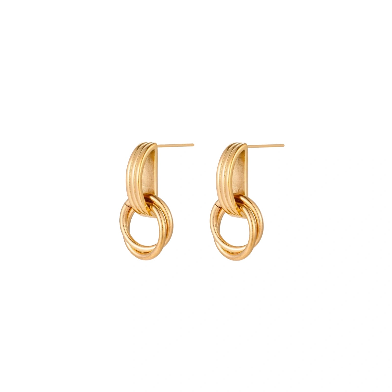 Gold stud earrings with vertical ridged bar connecting to triple interlocking circular rings on white background