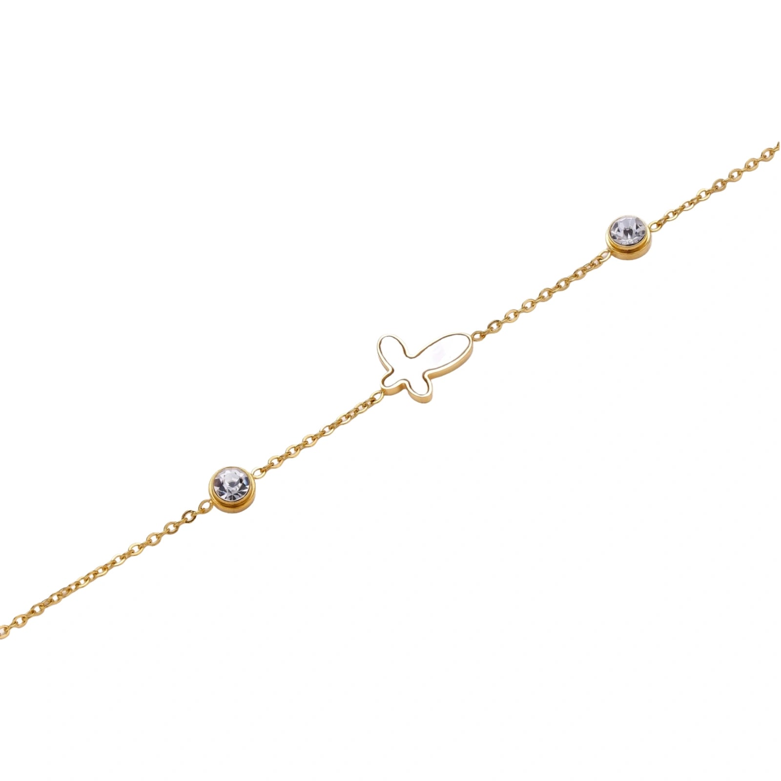 Gold chain bracelet with white mother of pearl butterfly pendant and two bezel-set crystals on cream background
