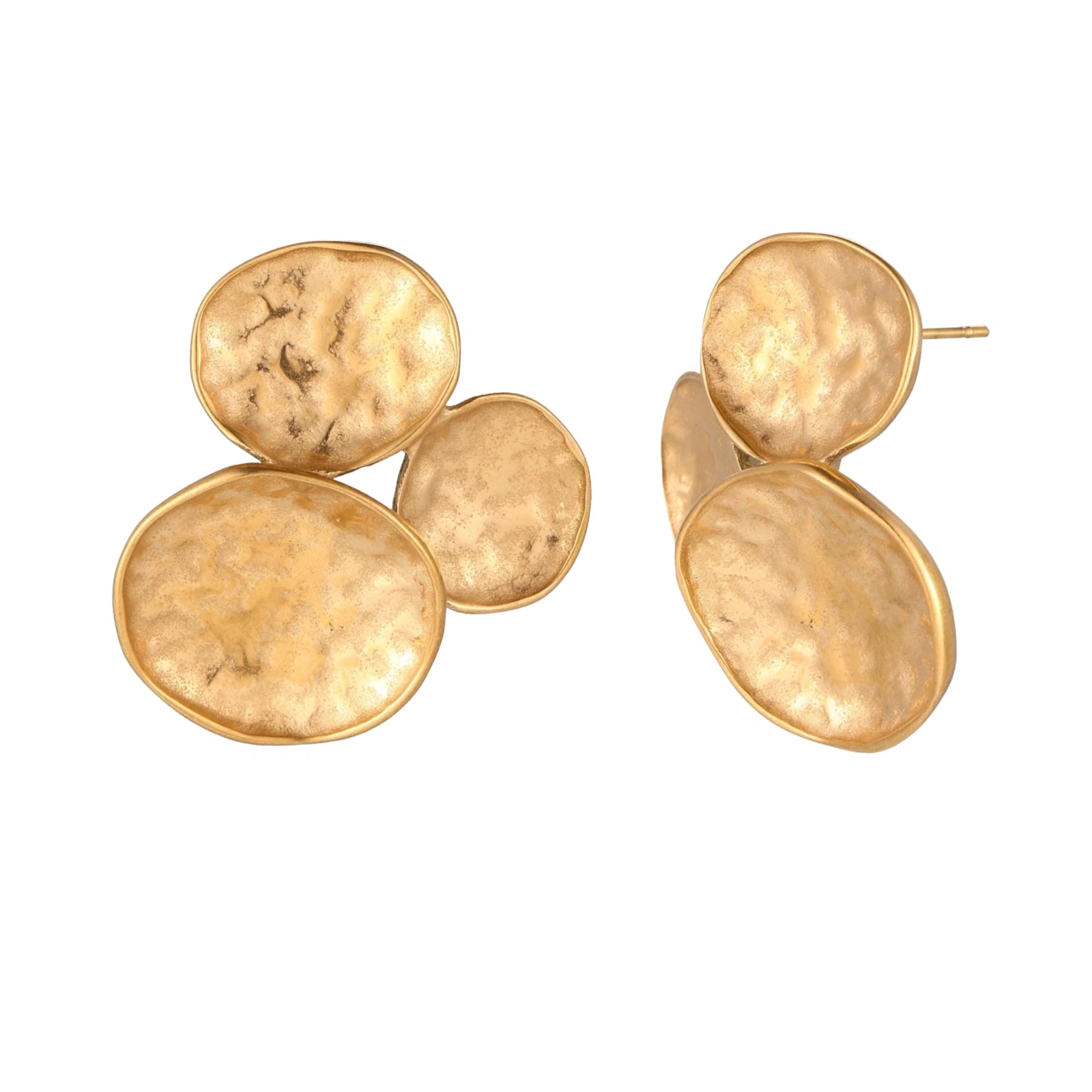 Three hammered gold discs clustered together forming organic statement earrings with textured surfaces