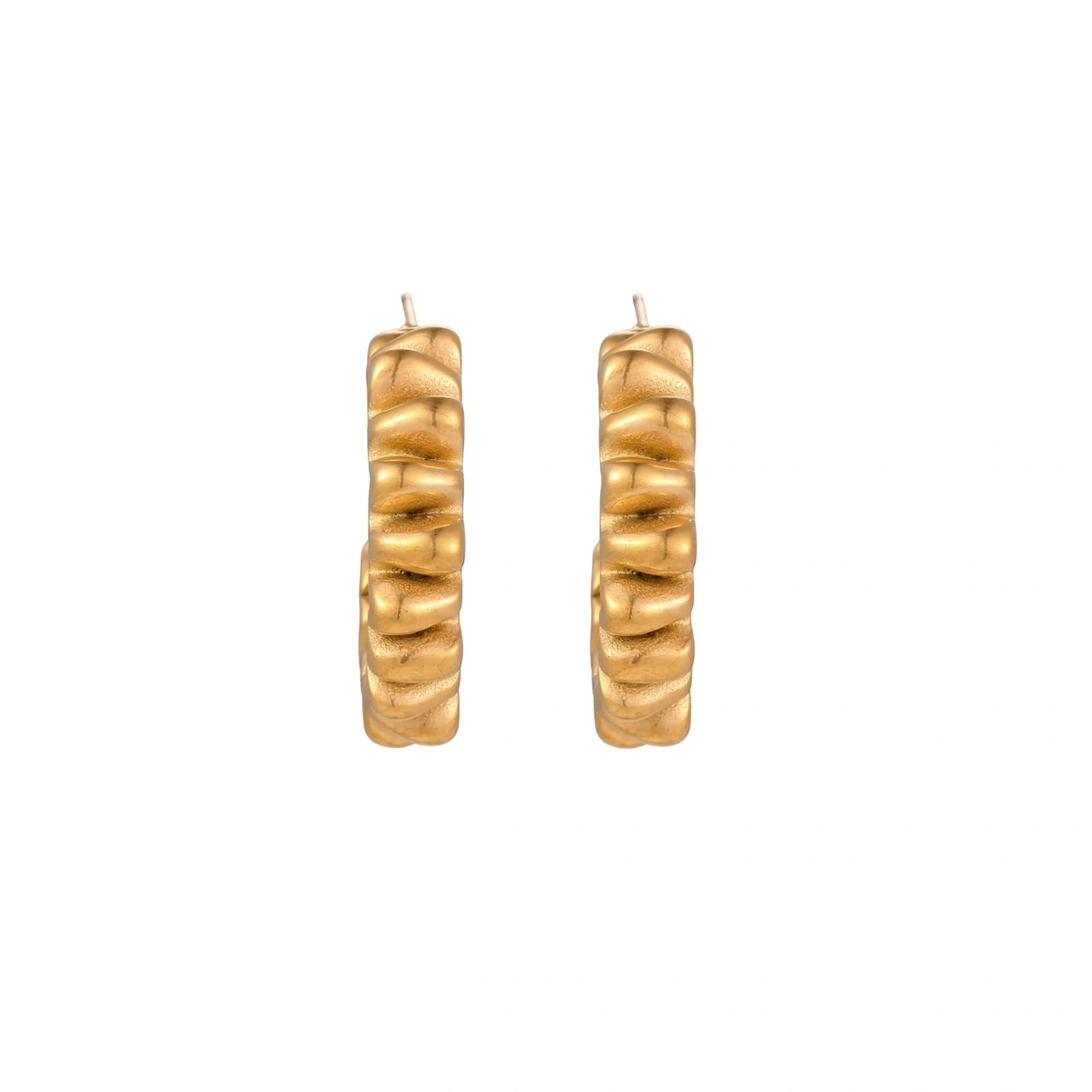 Sculptural gold-plated hoop earrings with continuous twisted spiral design on cream background