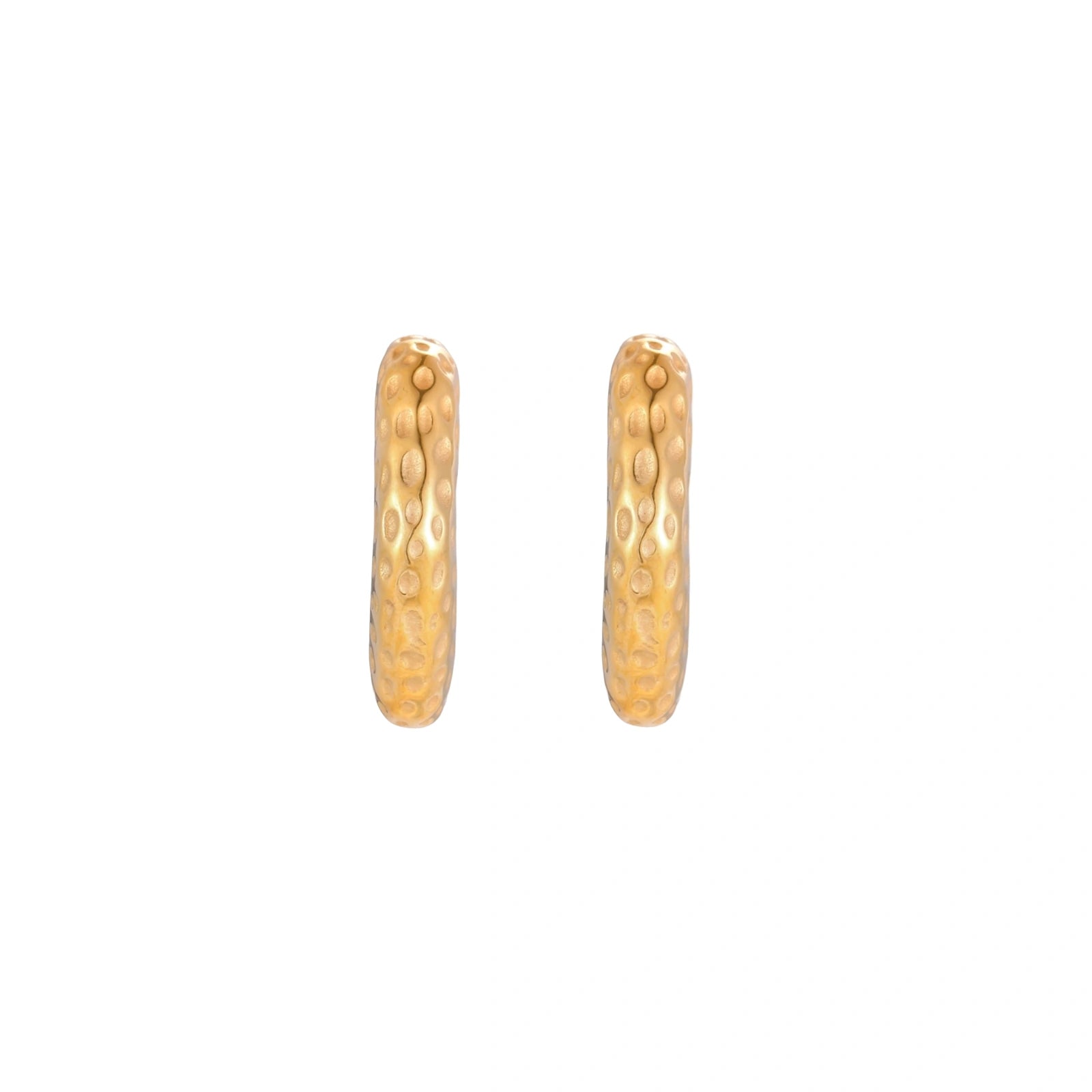 Gold-toned hoop earrings with hammered dimpled texture and post closure on cream background