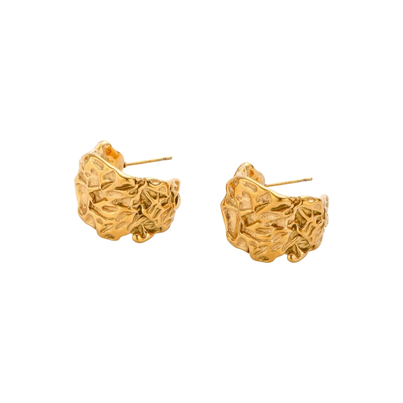 Chunky gold-plated hoop earrings with organic crumpled texture on cream background, 21.5mm sculptural design
