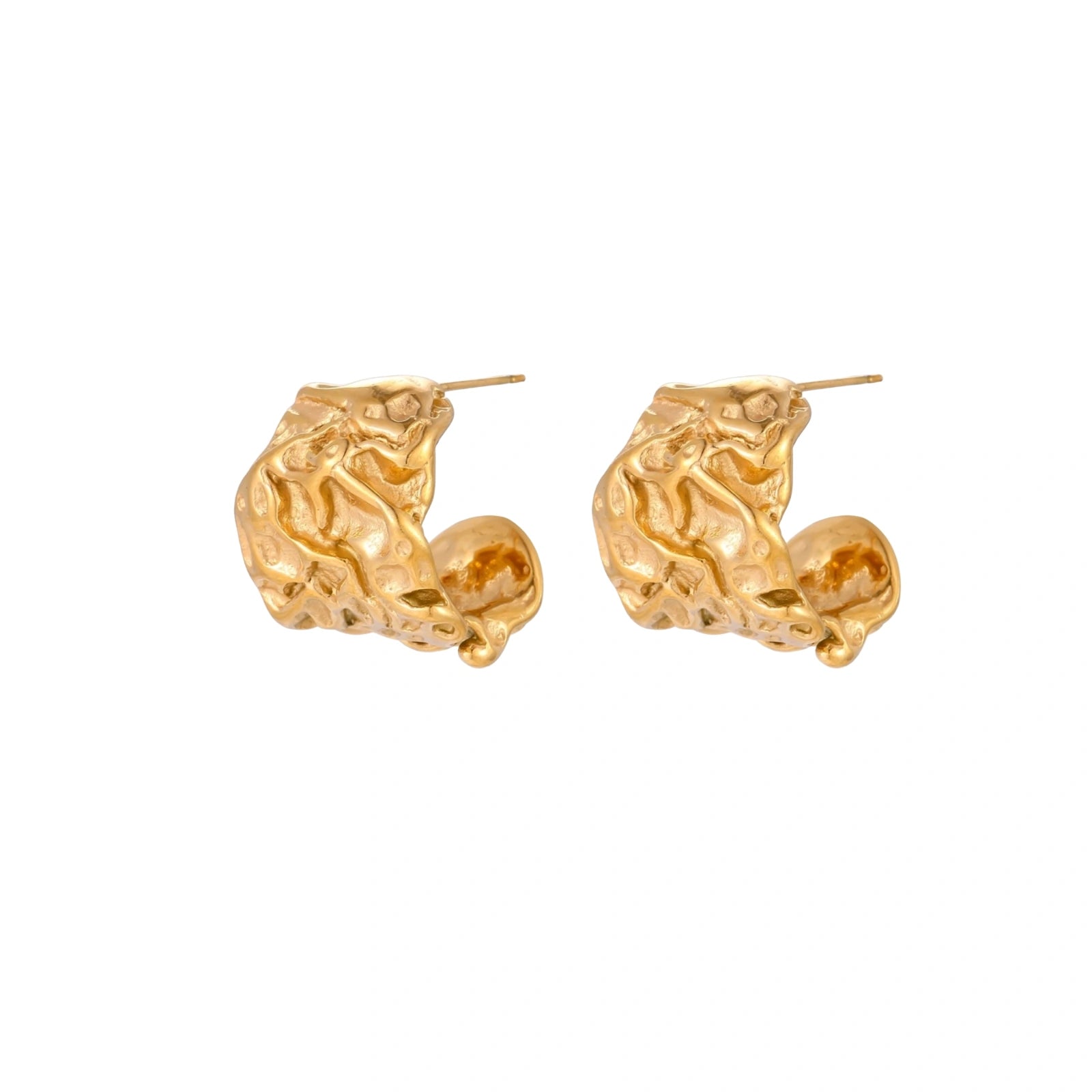 Chunky gold-plated hoop earrings with organic crumpled texture on cream background, 21.5mm sculptural design