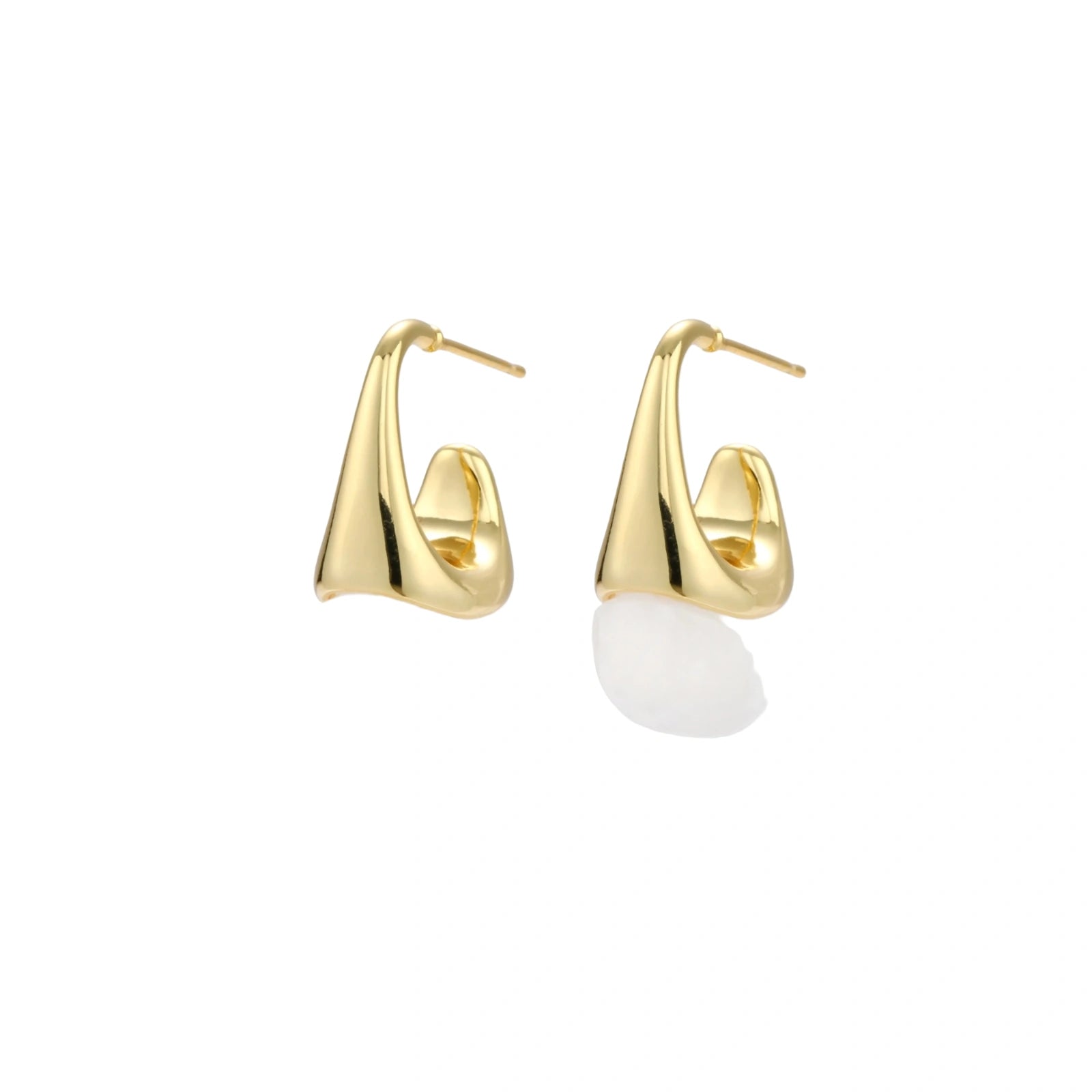Pair of small gold-plated hoop earrings with triangular cone fronts and curved backs on white background.