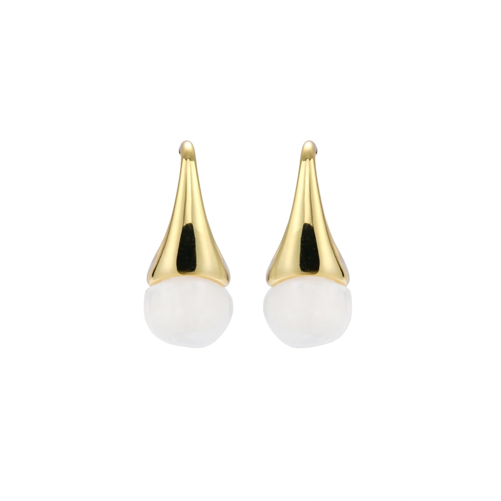 Pair of small gold-plated hoop earrings with triangular cone fronts and curved backs on white background.