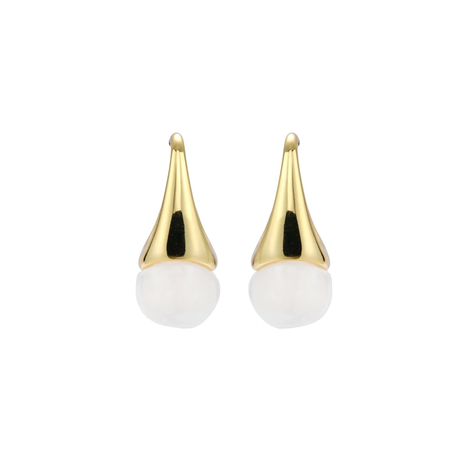 Pair of small gold-plated hoop earrings with triangular cone fronts and curved backs on white background.