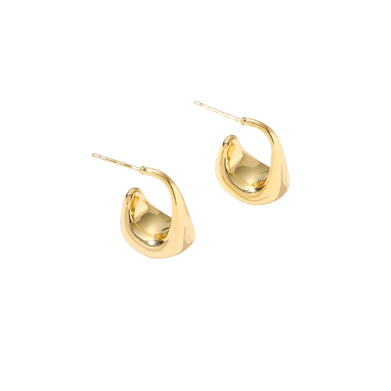 Pair of small gold-plated hoop earrings with triangular cone fronts and curved backs on white background.