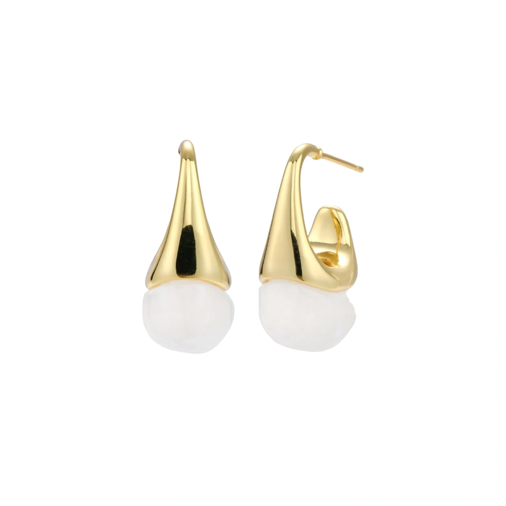 Pair of small gold-plated hoop earrings with triangular cone fronts and curved backs on white background.